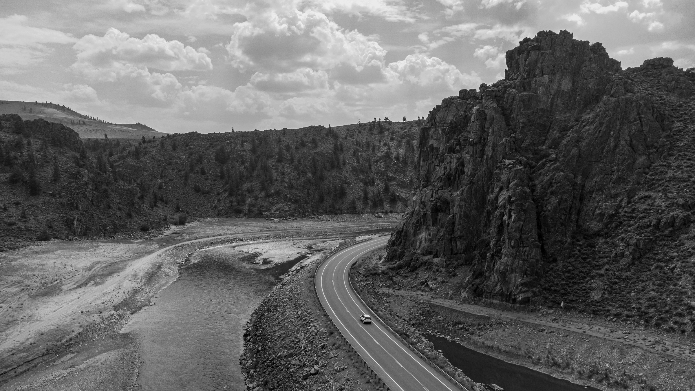 Highway by a Cliff BW